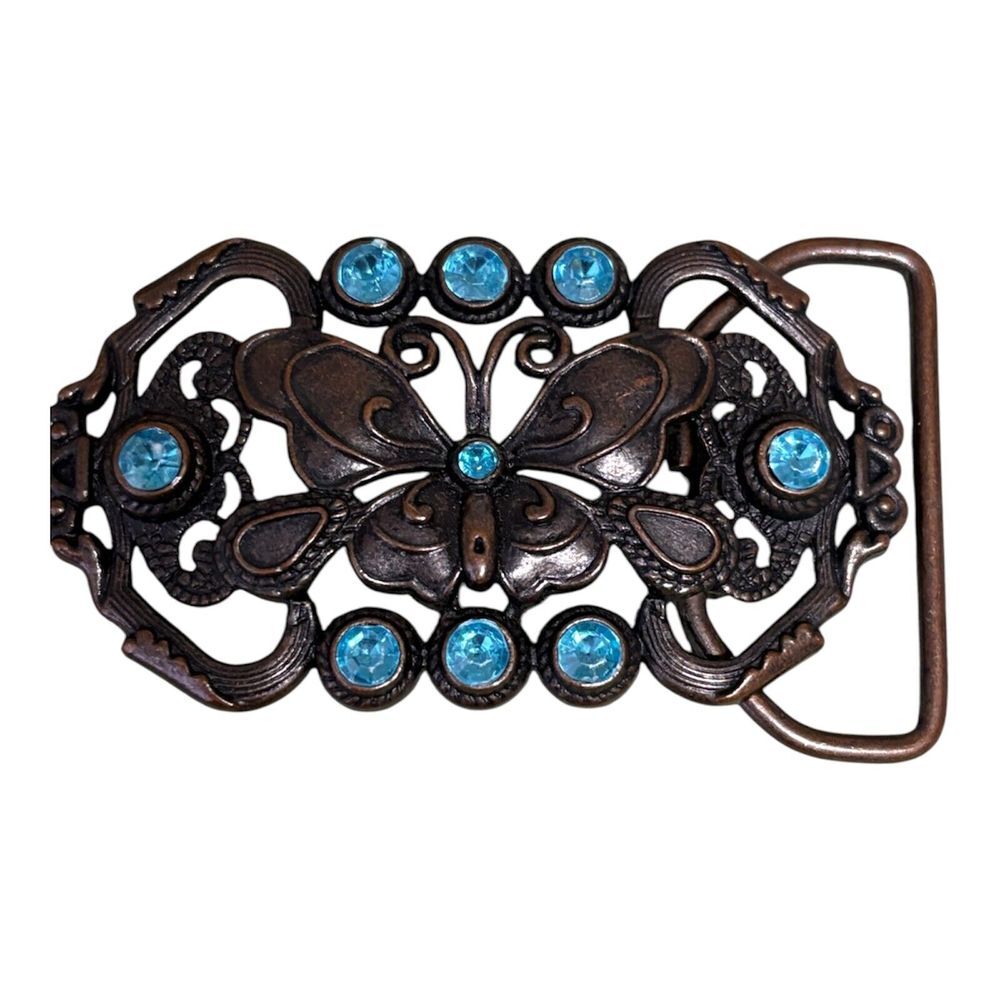 Women's Blue Rhinestone Butterfly Belt Buckle Gun Metal Western‎ Small